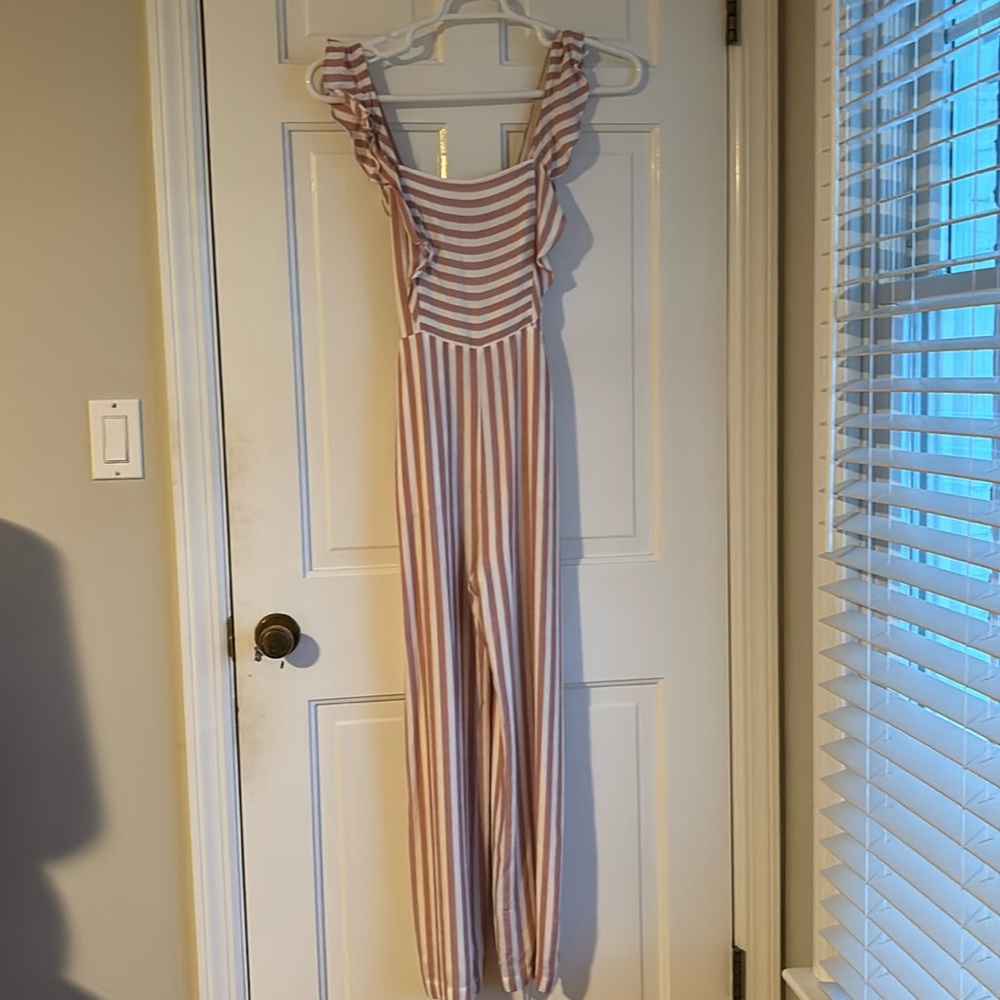 EUC Paige one-piece corally/red and white striped jumpsuit. Size S
